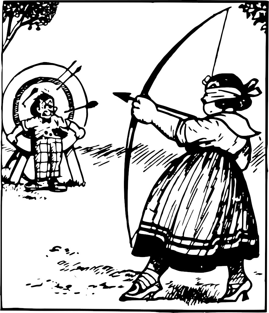 Blindfoled woman shooting arrows past a nervous man