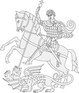 Drawing of a medieval knight slaying a dragon