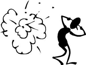 Drawing of someone walking away from a small explosion, fingers in ears