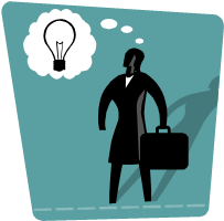 Drawing of a person with a briefcase and a thought bubble with a light bulb