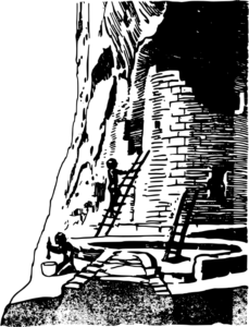 Line drawing of someone on a ladder at a Native American cliff dwelling