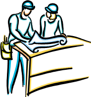 Drawing of construction workers conferring over blueprints