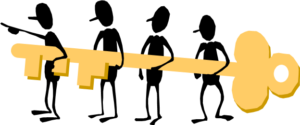 Drawing of four people holding a key, and one pointing forward
