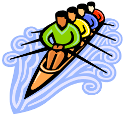 Drawing of four people in a rowing skull, pulling together