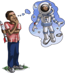African-American child with a rocket thinking about being an astronaut