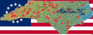 Logo of the American Revolution website, with a map of North Carolina over the first United States flag