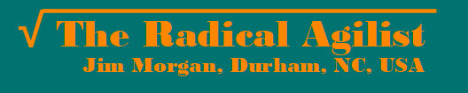 Under a radical sign from mathematics, the words: The Radical Agilist, Jim Morgan, Durham, NC, USA