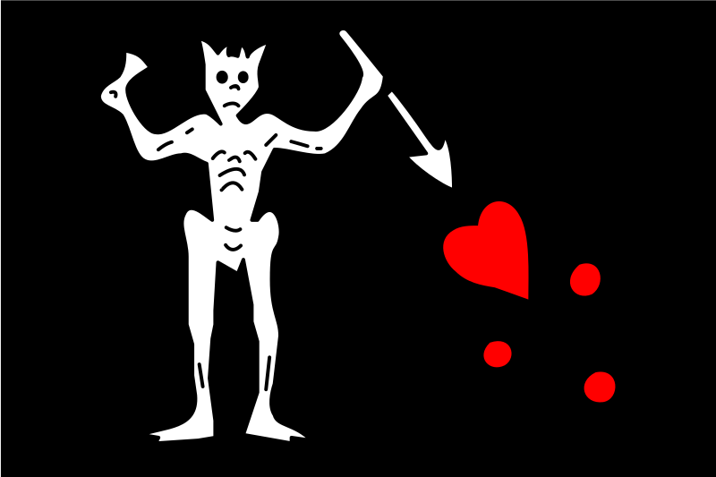 Flag with a white skeleton stabbing a red heart with a spear, all on a black background